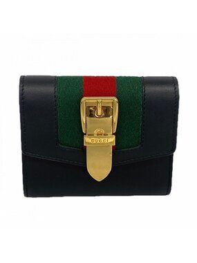 Gucci Trifold Wallet Sherry Line Leather Black Gold